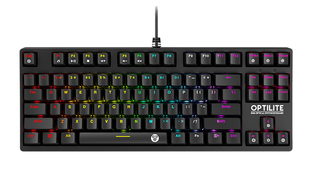 Fantech Optilite MK872 RGB gaming keyboard, with black background and colorful RGB lighting.
 Fantech Optilite MK872 RGB gaming keyboard, with black background and colorful RGB lighting.